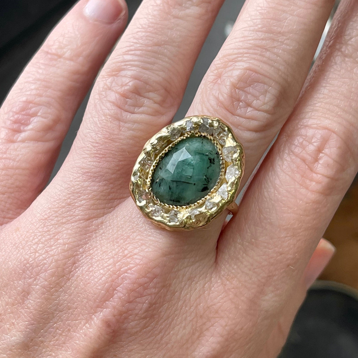 Emerald & Herkimer Diamond Ring