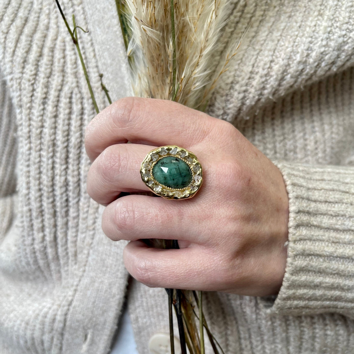 Emerald & Herkimer Diamond Ring