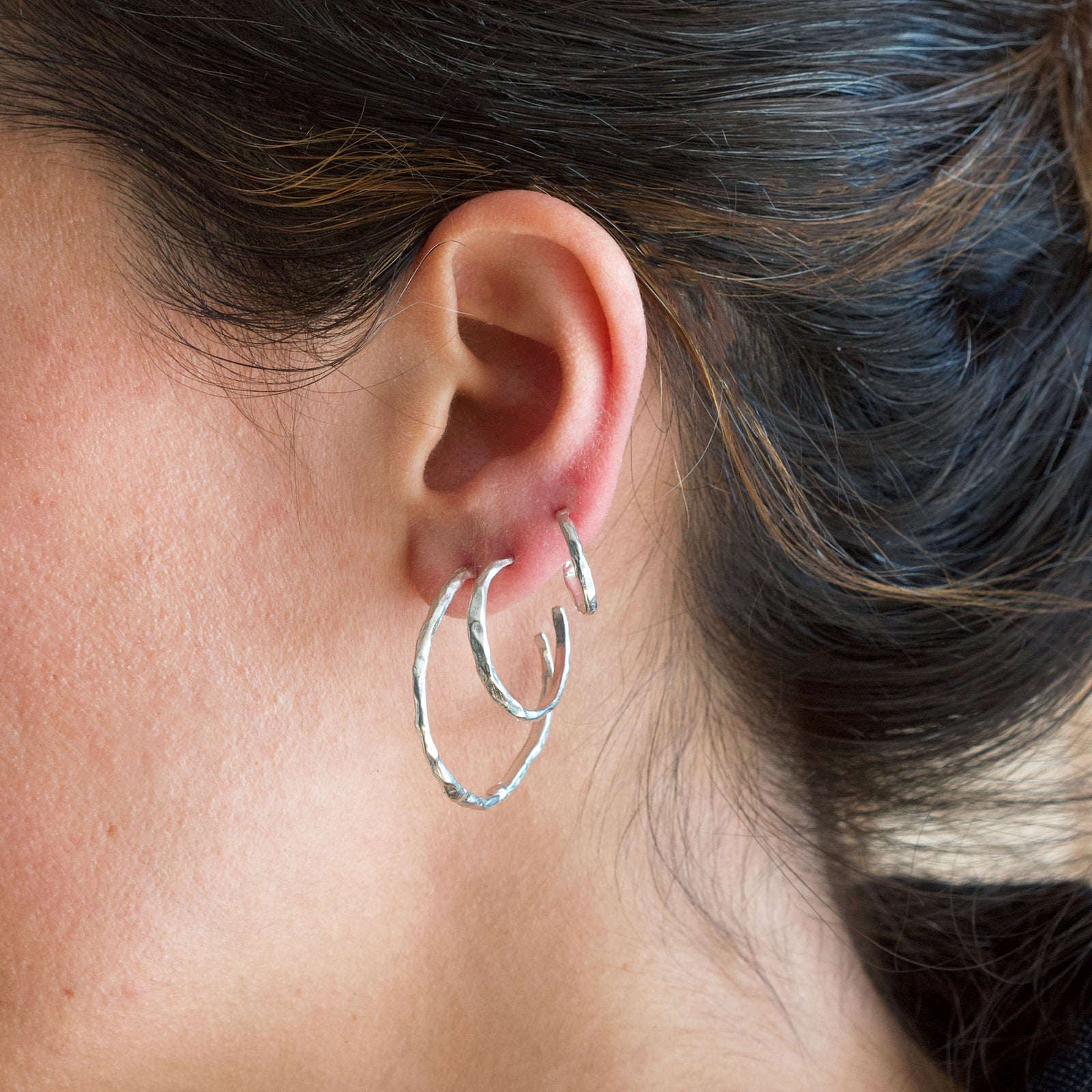 Weathered Stone Hoops - Sterling Silver